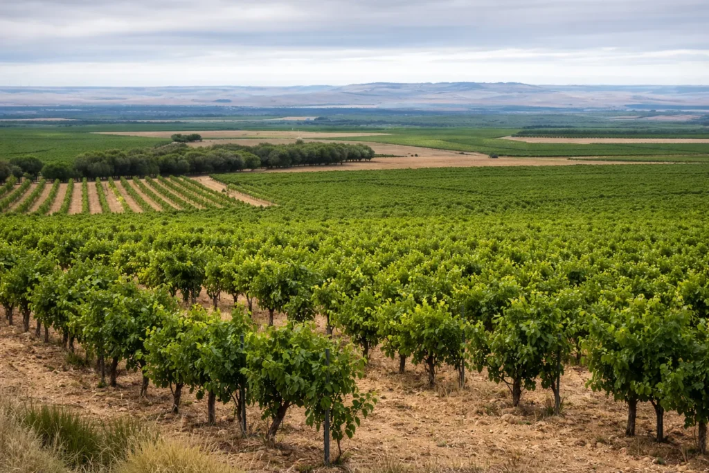 Diversos viñedos en Rueda con un campo verde de fondo. Esta imagen se utiliza para ilustrar una entrada sobre como influye la altitud de los viñedos de Rueda en los vinos.