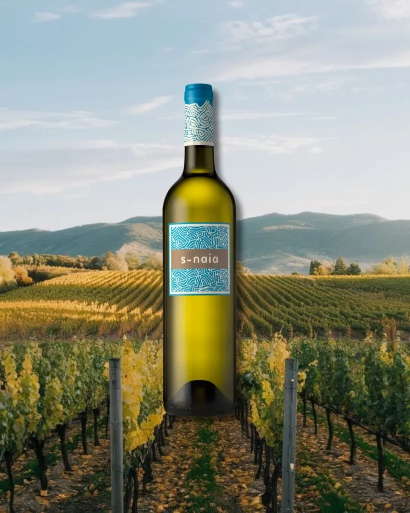 Botella de vino S-Naia sobre un viñedo.