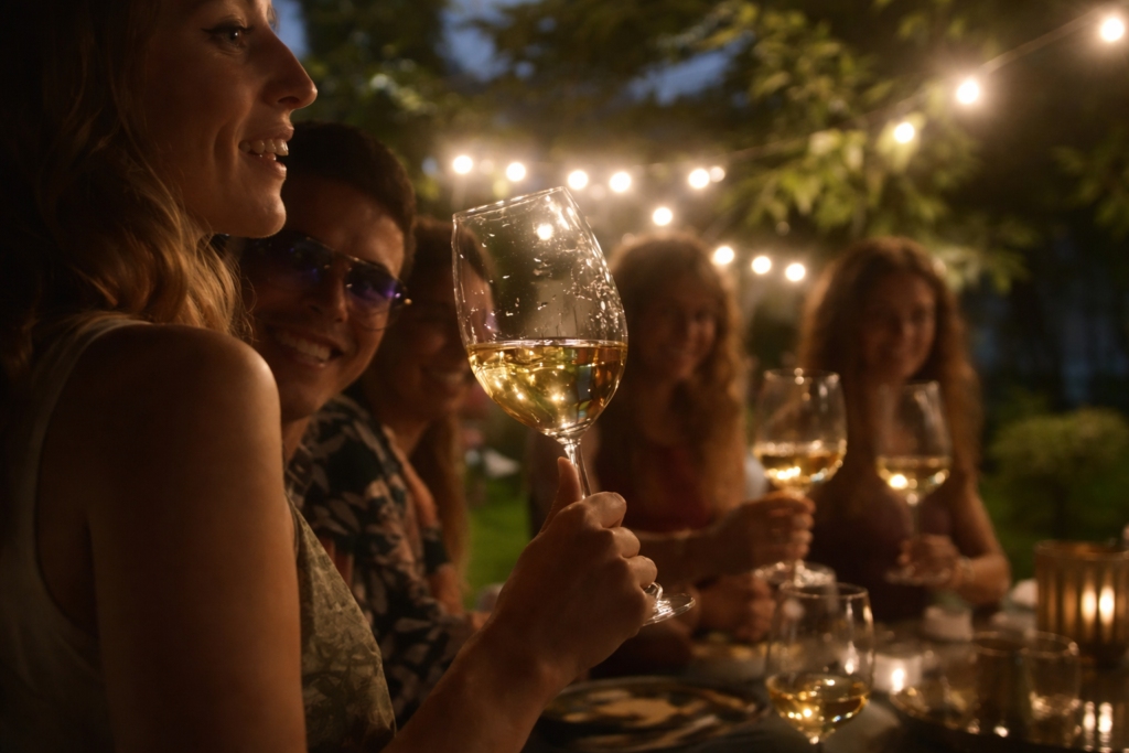 Grupo de amigos tomando vino y riendo.