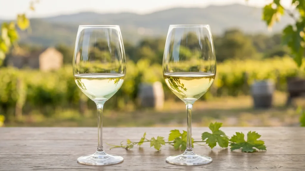 Dos copas de vinos blancos sobre una mesa, una con albariño y otra con verdejo. Esta imagen se utiliza para ilustrar una entrada sobre las diferencias entre el albariño y el verdejo.