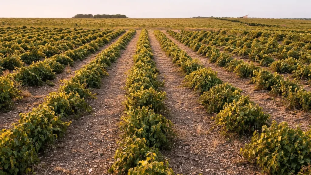 Viñedos de verdejo de Rueda en un día despejado. Esta imagen se utiliza para ilustrar una entrada sobre los diferentes tipos de Verdejo.
