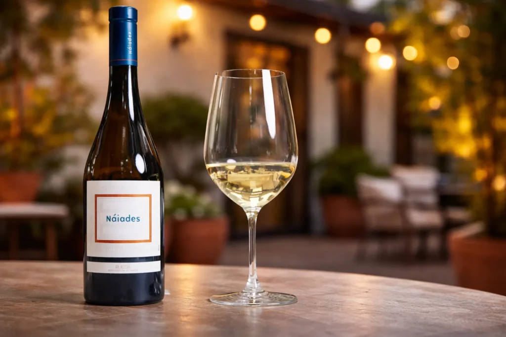 Botella de vino Náiades colocada sobre una mesa junto a una copa que contiene vino.