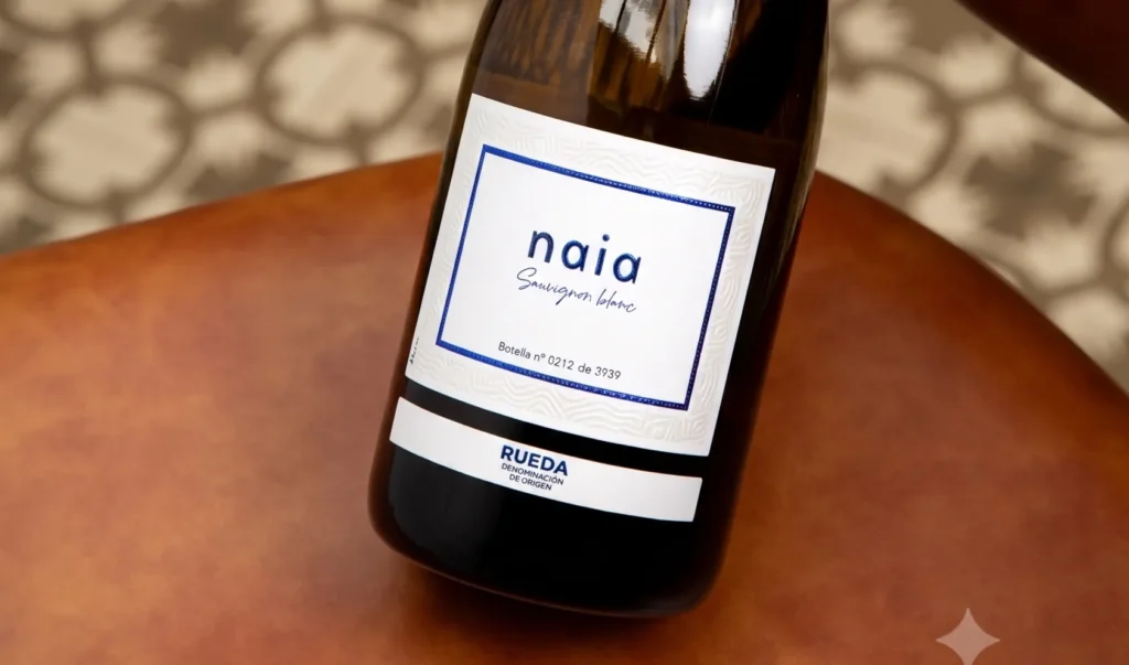 Detalle de la etiqueta de una botella de vino Naia Sauvignon Blanc de la D.O. Rueda.